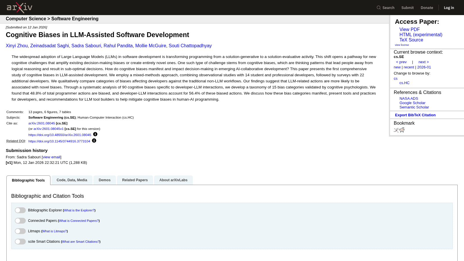 arXiv abstract page under Computer Science > Software Engineering, headed "Cognitive Biases in LLM-Assisted Software Development", submitted 12 January 2026 by six authors, showing the full abstract and a metadata block listing 13 pages, 6 figures, 7 tables and a related ACM DOI.