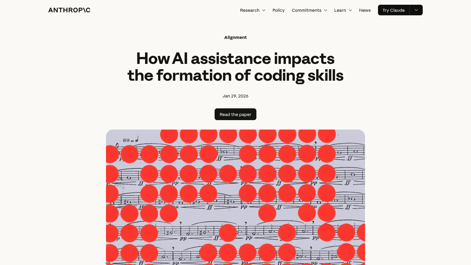 Anthropic research page tagged Alignment, headed "How AI assistance impacts the formation of coding skills", dated Jan 29 2026, with a "Read the paper" button above a large illustration of printed sheet music covered in a grid of bright red dots.