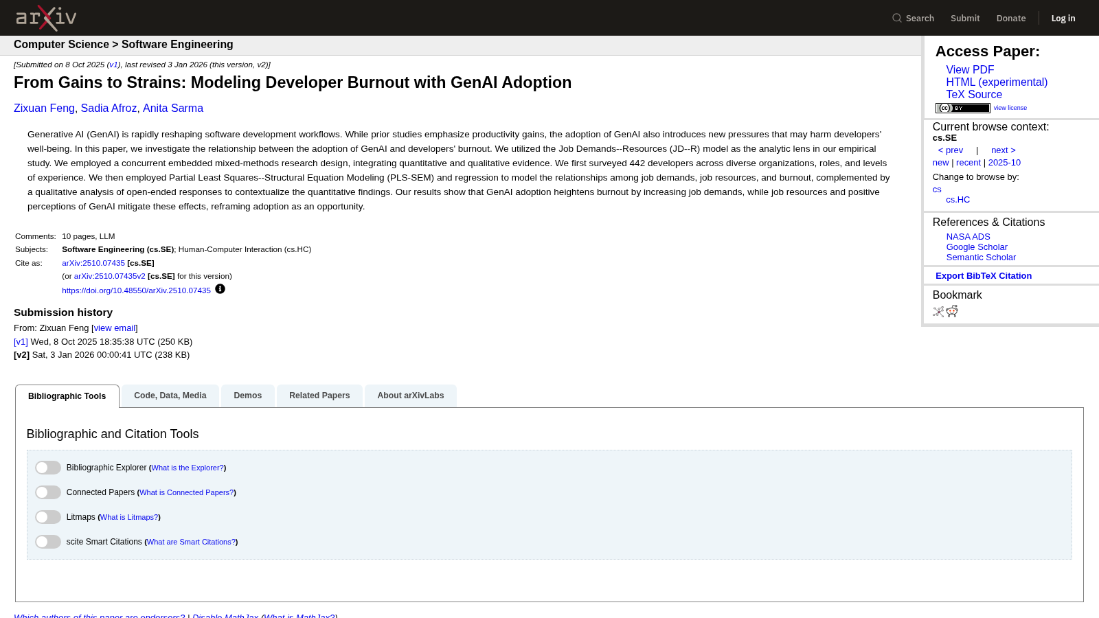 arXiv abstract page under the breadcrumb Computer Science, Software Engineering, headed From Gains to Strains: Modeling Developer Burnout with GenAI Adoption by Zixuan Feng, Sadia Afroz and Anita Sarma, with the full abstract about a survey of 442 developers analysed with PLS-SEM, a CC BY licence badge, and a submission history listing version 1 from October 2025 and version 2 from January 2026.