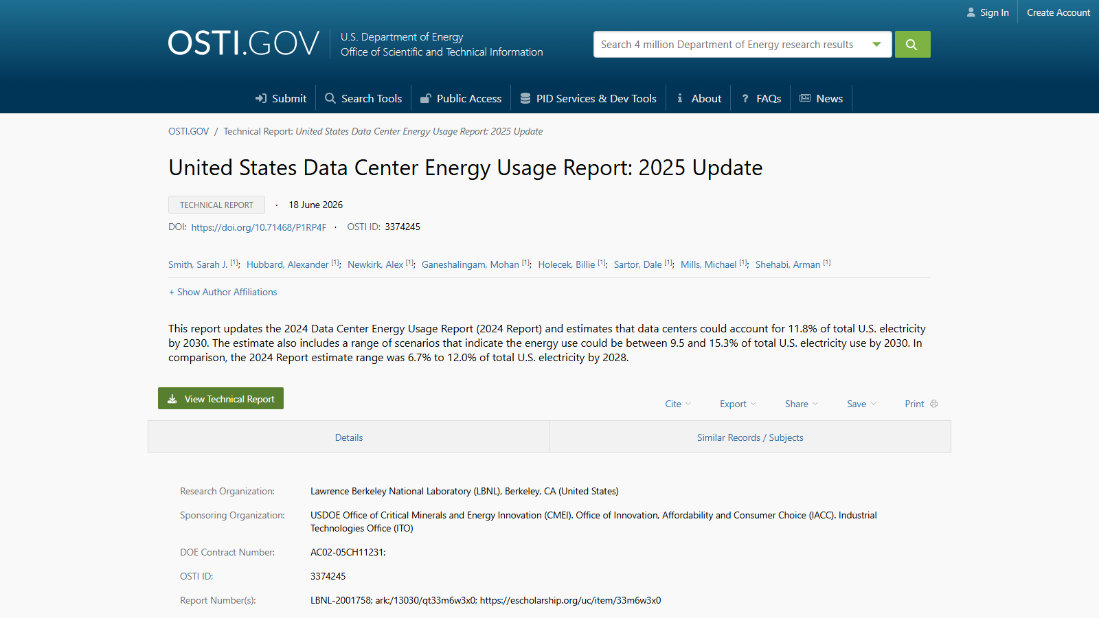 OSTI.GOV bibliographic record for the technical report 'United States Data Center Energy Usage Report: 2025 Update,' dated 18 June 2026, listing eight Lawrence Berkeley National Laboratory authors, an abstract projecting data centers at 11.8% of US electricity by 2030, a green 'View Technical Report' button, and a details table naming LBNL as research organization and three USDOE offices as sponsors