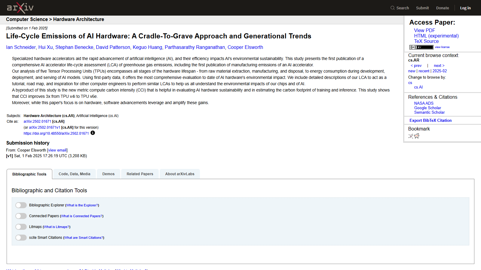 arXiv abstract page for a life-cycle emissions study of AI hardware, listing seven authors including David Patterson and Parthasarathy Ranganathan, with an abstract on manufacturing emissions of TPUs and a sidebar linking to the PDF, HTML and TeX source