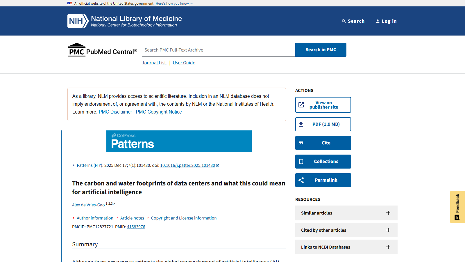 Screenshot of the PMC page for the Patterns journal article on data center carbon and water footprints by Alex de Vries-Gao, showing the NIH/NLM header, the Cell Press Patterns banner, the December 2025 citation with DOI and PMCID, the title and author byline, and a right-hand sidebar with View on publisher site, PDF, Cite, Collections and Permalink actions.