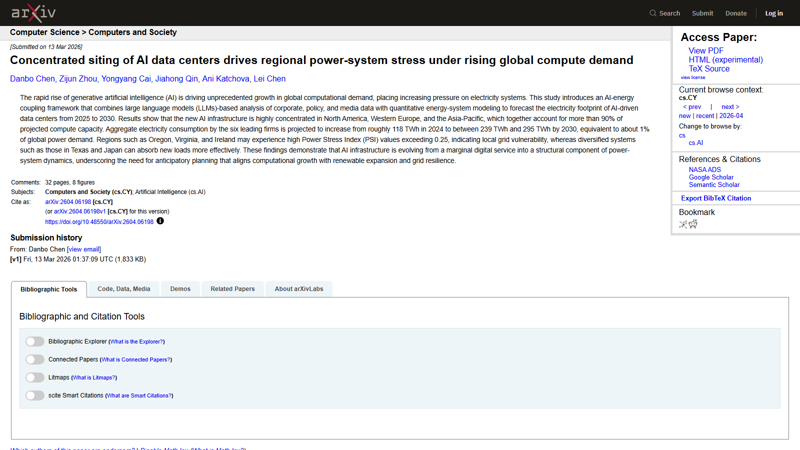 arXiv abstract page for 'Concentrated siting of AI data centers drives regional power-system stress under rising global compute demand', submitted 13 March 2026 by Danbo Chen and five co-authors, with an abstract reporting Power Stress Index values above 0.25 for Oregon, Virginia and Ireland against more absorbent grids in Texas and Japan