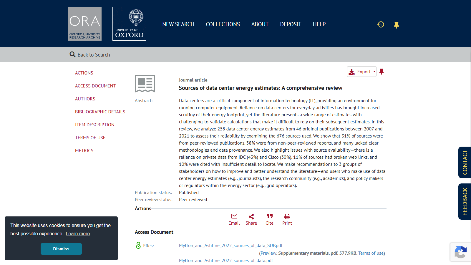 Oxford University Research Archive record page for the journal article 'Sources of data center energy estimates: A comprehensive review', under the ORA and University of Oxford mastheads, showing the full abstract, Publication status Published and Peer review status Peer reviewed, an Actions row of Email, Share, Cite and Print, and links to the two deposited Mytton and Ashtine 2022 PDFs