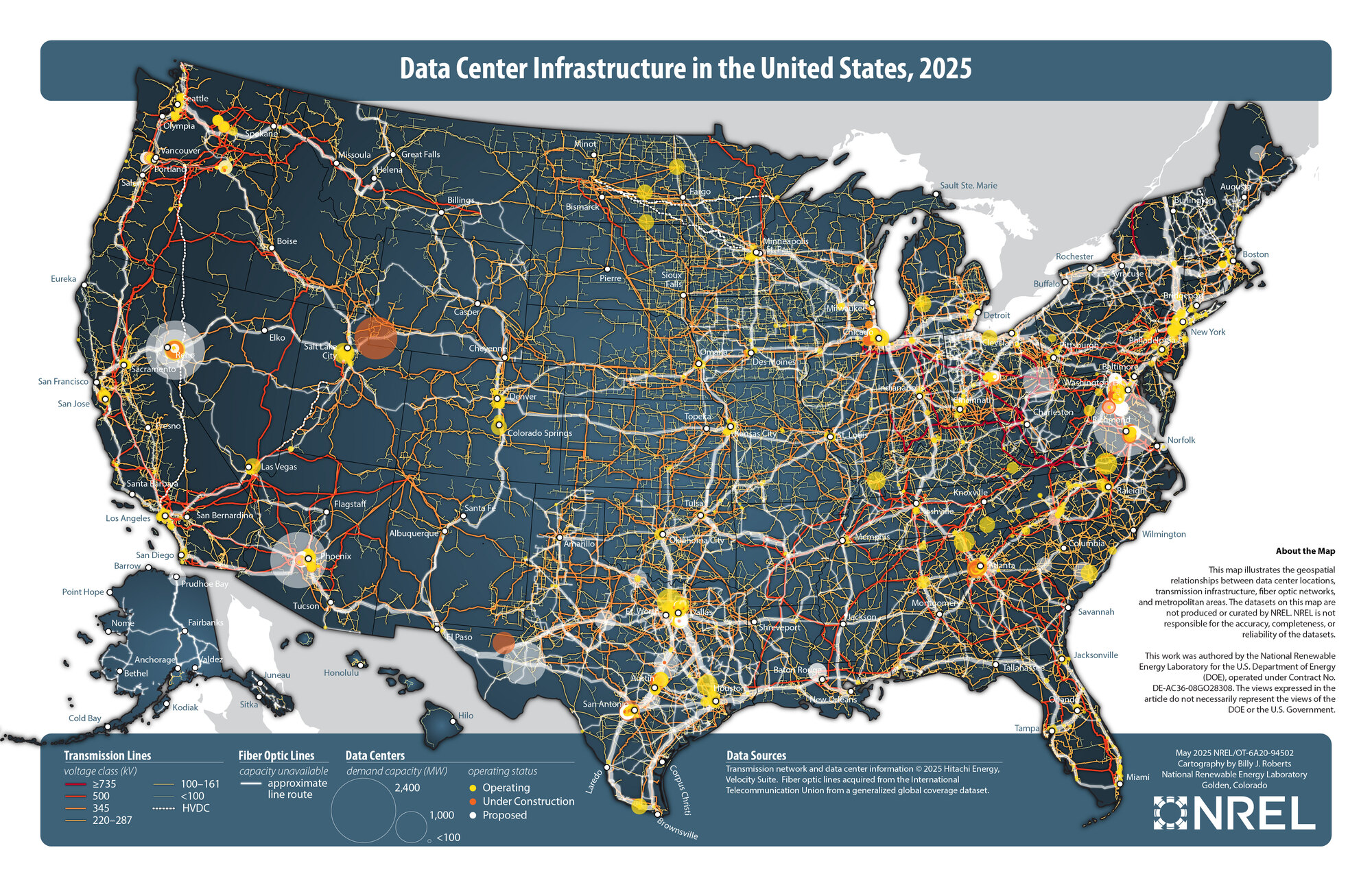 NREL map titled "Data Center Infrastructure in the United States, 2025", showing US data center locations as yellow, orange and white circles sized by demand capacity in megawatts over the electric transmission and fiber optic networks, with dense clusters around northern Virginia, Dallas, Phoenix and Atlanta.