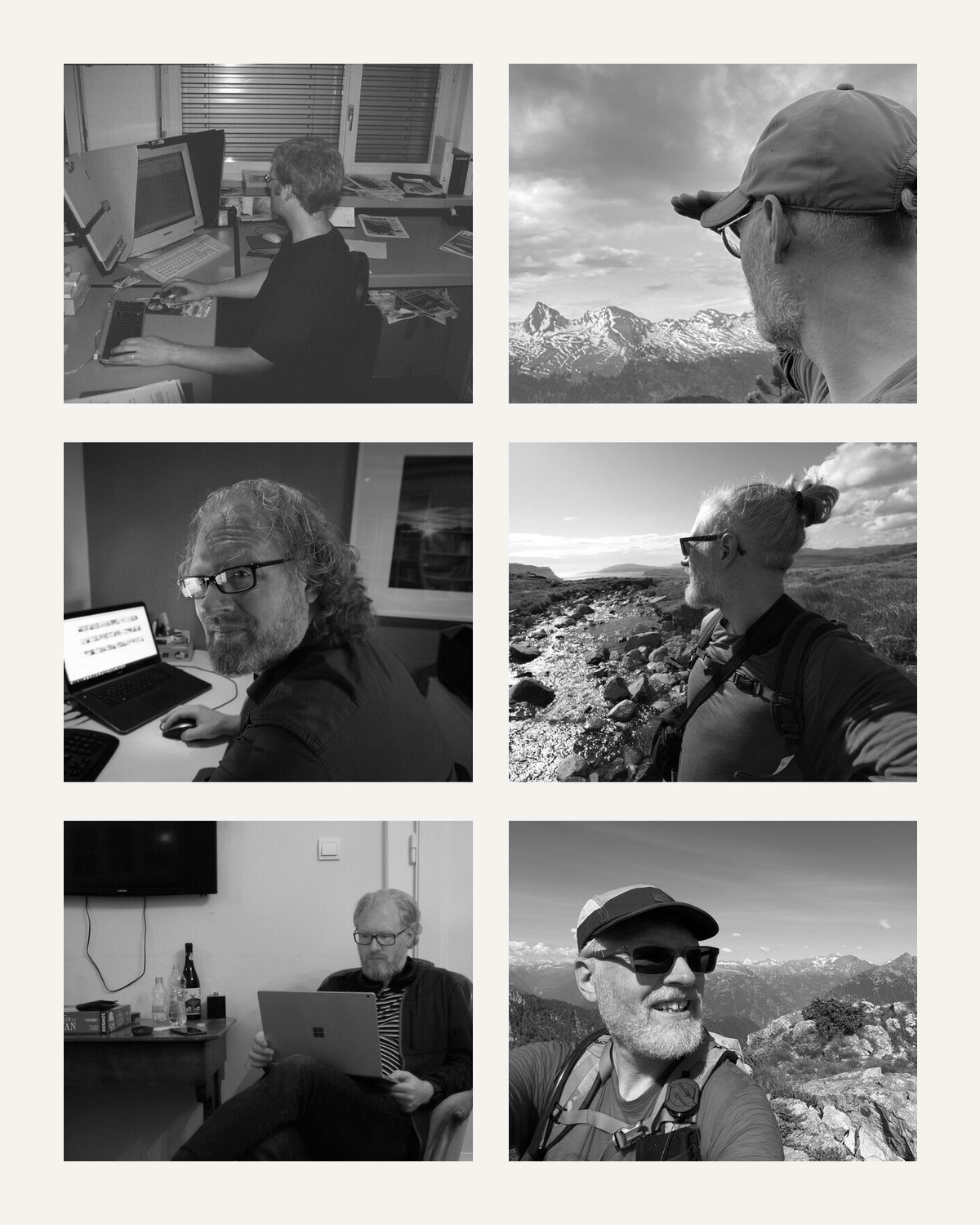 Six black and white pictures of Brian — three at a keyboard from 2000 to 2025, three on trails in Scotland and Switzerland