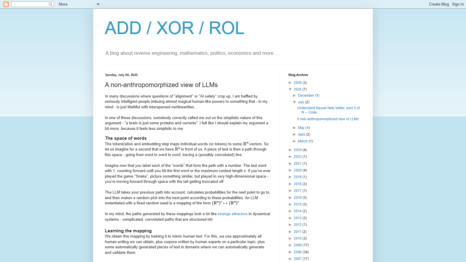 Blogger page headed ADD / XOR / ROL with the post 'A non-anthropomorphized view of LLMs', dated Sunday July 06 2025, showing the sections 'The space of words' and 'Learning the mapping' beside a blog archive sidebar