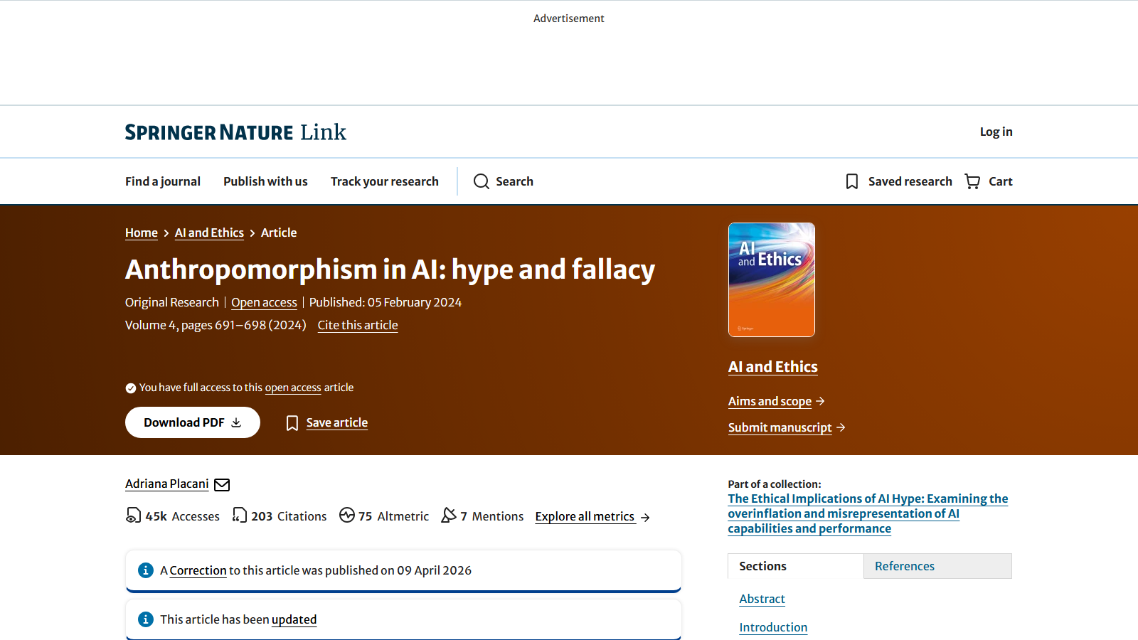 Springer Nature Link article page for 'Anthropomorphism in AI: hype and fallacy' in the journal AI and Ethics, marked Original Research and Open access, published 05 February 2024, by Adriana Placani, showing a correction notice, a Download PDF button, and the journal cover.