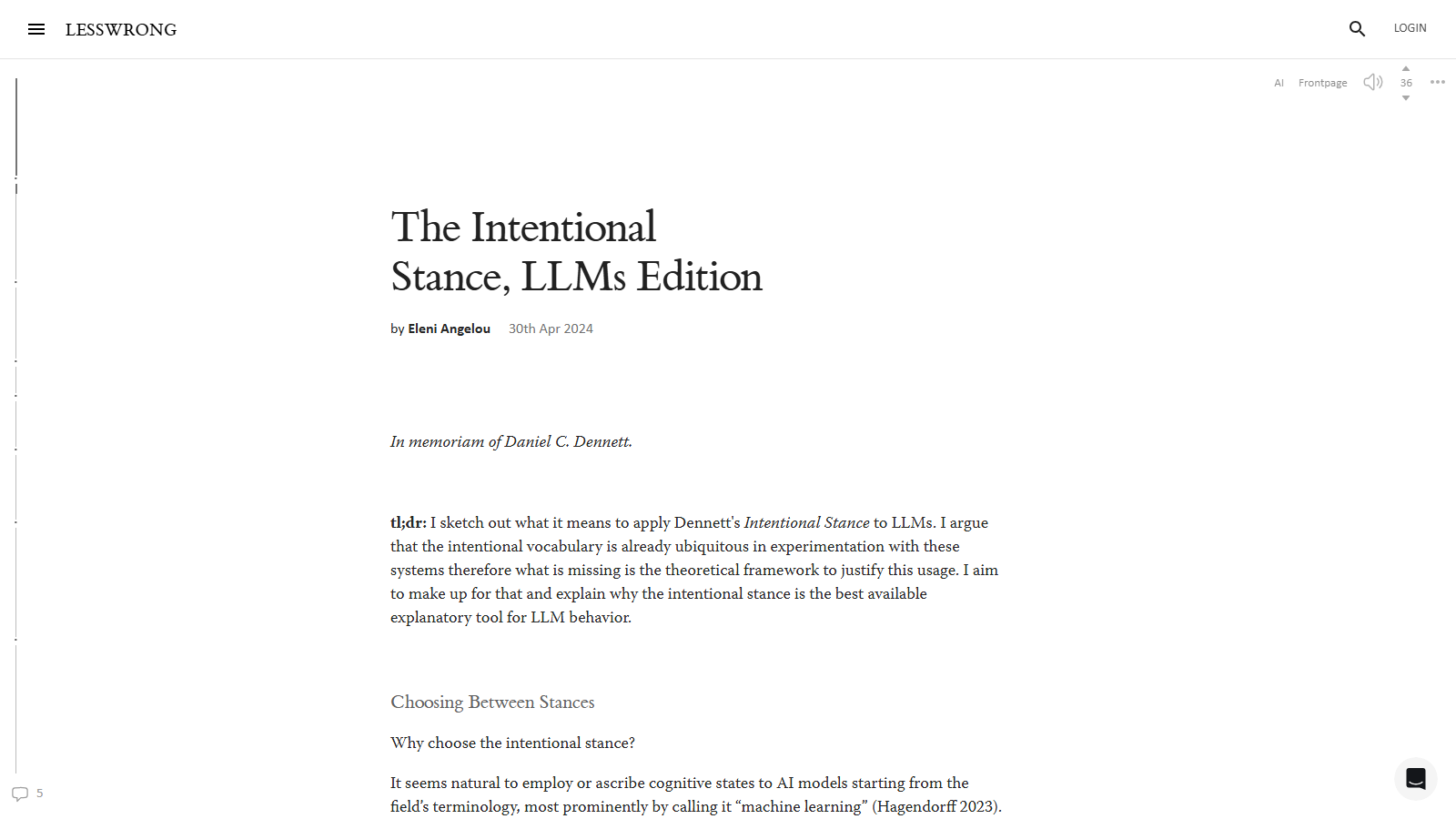 Screenshot of the LessWrong post "The Intentional Stance, LLMs Edition" by Eleni Angelou, dated 30 April 2024 and dedicated to Daniel C. Dennett, showing the tl;dr summary and the section heading "Choosing Between Stances"