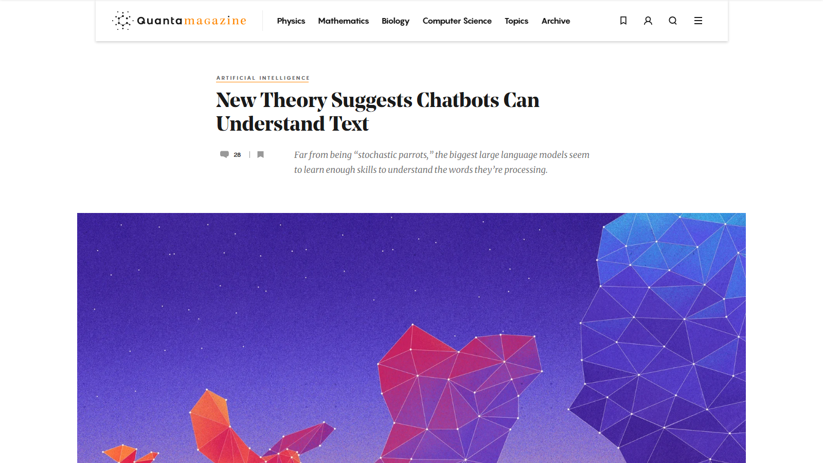 Quanta Magazine article page under the Artificial Intelligence label, headline "New Theory Suggests Chatbots Can Understand Text" with the standfirst about stochastic parrots, above a purple illustration of low-poly geometric parrot shapes