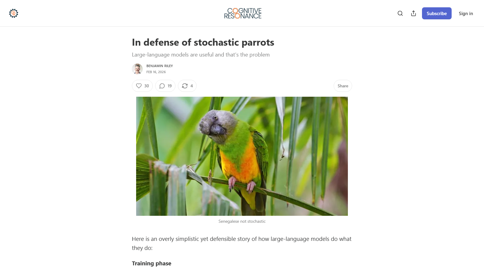 Substack post "In defense of stochastic parrots" with subtitle "Large-language models are useful and that's the problem", byline Benjamin Riley, Feb 16 2026, above a photo of a green and orange Senegal parrot on a palm frond captioned "Senegalese not stochastic"