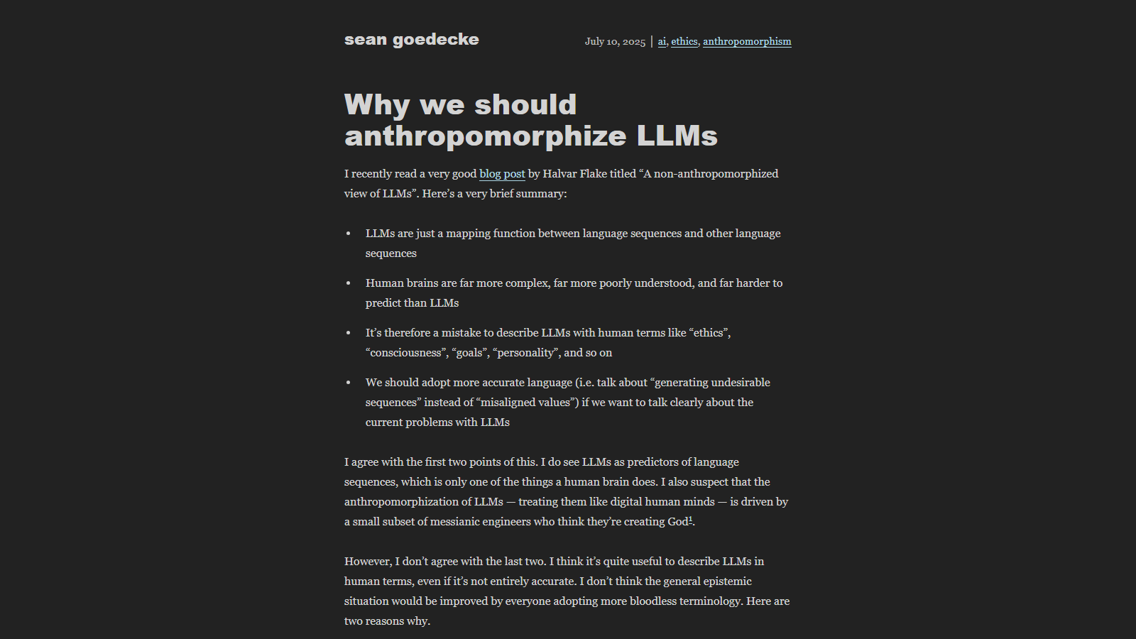 Dark-themed blog post "Why we should anthropomorphize LLMs" by sean goedecke, dated July 10 2025 and tagged ai, ethics, anthropomorphism, opening with a bulleted summary of Halvar Flake's argument