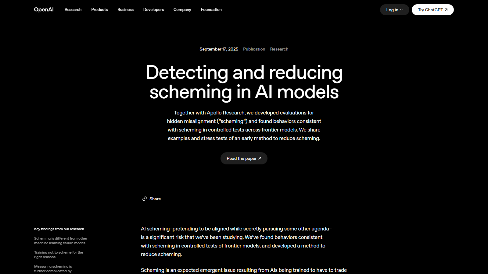 OpenAI research page on a black background titled Detecting and reducing scheming in AI models, dated September 17, 2025, with a short standfirst, a Read the paper button, and a key-findings list in the left margin