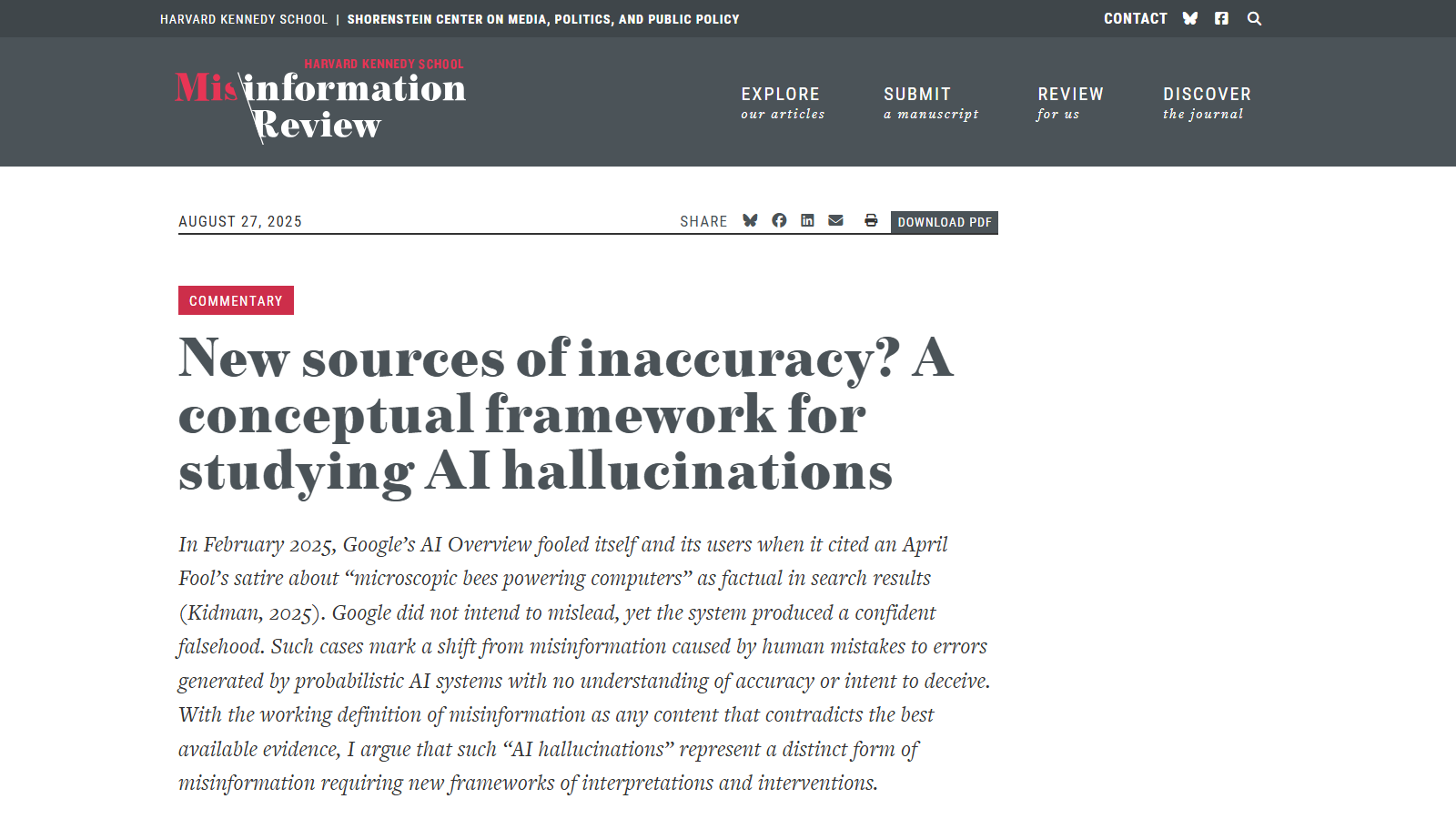 Misinformation Review article page showing a red Commentary tag, the headline 'New sources of inaccuracy? A conceptual framework for studying AI hallucinations,' dated August 27, 2025, above an italicized opening paragraph about Google's AI Overview