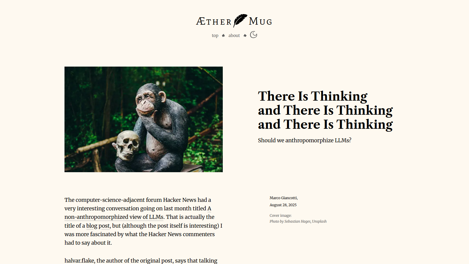 A carved wooden statue of a chimpanzee resting its chin on its hand while holding a human skull, set against a forest backdrop, above the Aether Mug post titled There Is Thinking and There Is Thinking and There Is Thinking by Marco Giancotti.