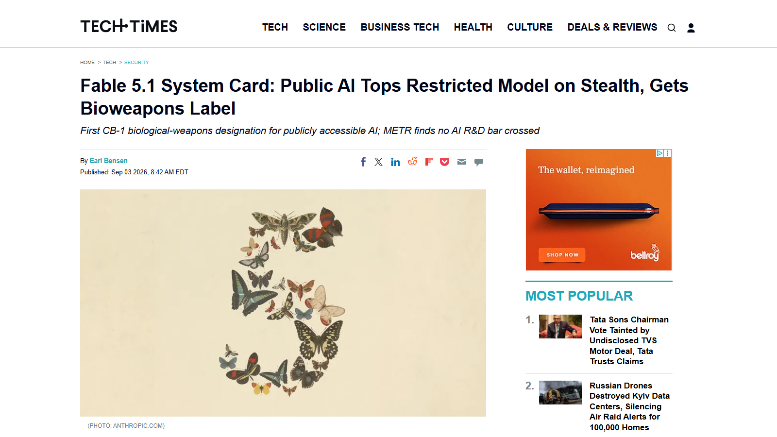 Tech Times article "Fable 5.1 System Card: Public AI Tops Restricted Model on Stealth, Gets Bioweapons Label" by Earl Bensen, published September 3, 2026, showing butterflies and moths arranged into the shape of the numeral 5, with a sidebar ad beside the headline