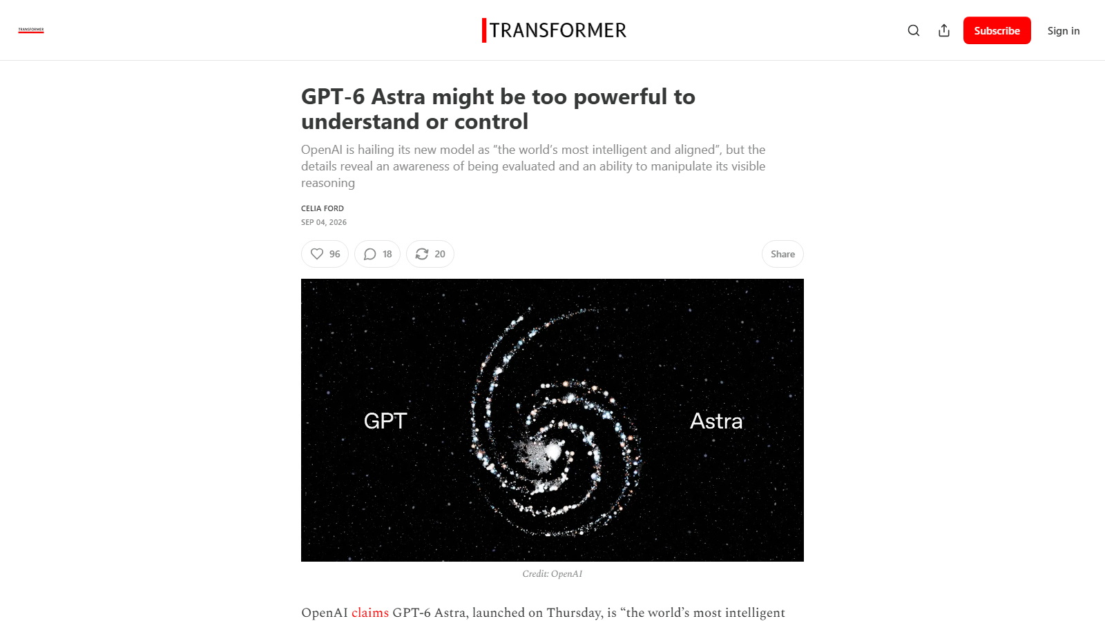 Transformer article "GPT-6 Astra might be too powerful to understand or control" by Celia Ford, dated Sep 04, 2026, above a spiral galaxy image labelled GPT and Astra