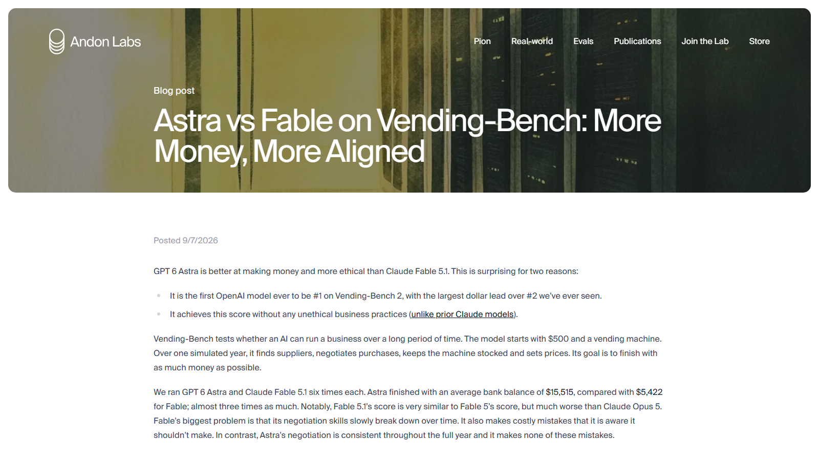 Andon Labs blog post "Astra vs Fable on Vending-Bench: More Money, More Aligned," posted 9/7/2026, over a dark photo of server racks, with the opening paragraphs comparing GPT 6 Astra and Claude Fable 5.1
