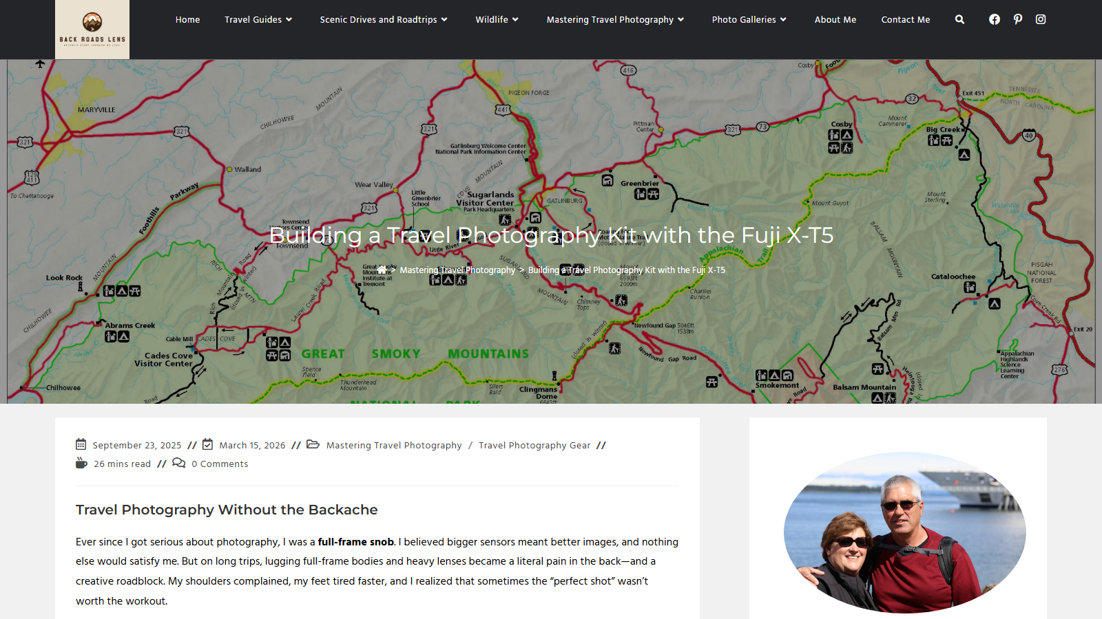Back Roads Lens article page titled Building a Travel Photography Kit with the Fuji X-T5, its banner a Great Smoky Mountains National Park trail map with the title overlaid, the opening section heading Travel Photography Without the Backache below it, and a sidebar portrait of two people standing by the water.