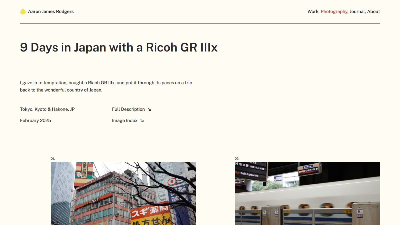 Article page on a cream background headed "9 Days in Japan with a Ricoh GR IIIx", with the trip logged as Tokyo, Kyoto & Hakone, February 2025, above two of the author's own frames: a Tokyo building covered in Japanese signage, and a shinkansen platform with a train pulling in.