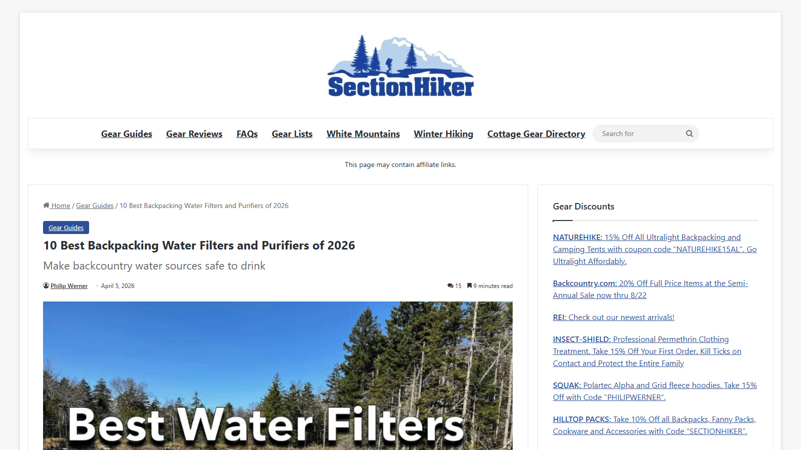 SectionHiker article page headed '10 Best Backpacking Water Filters and Purifiers of 2026' with the subhead 'Make backcountry water sources safe to drink', bylined Philip Werner and dated April 5, 2026, above a lead photo of a sunlit conifer forest under a blue sky overlaid with the words 'Best Water Filters'