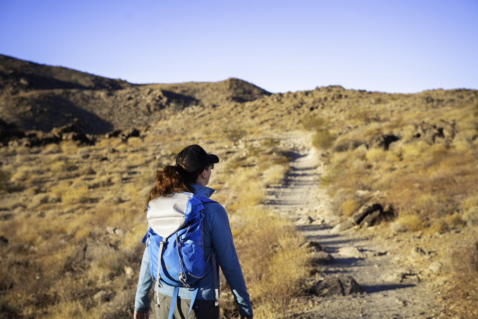 A woman in a blue jacket and cap, seen from behind, carries a blue-and-white daypack up a rocky sunlit desert trail through dry brush toward a low ridge under a clear sky.