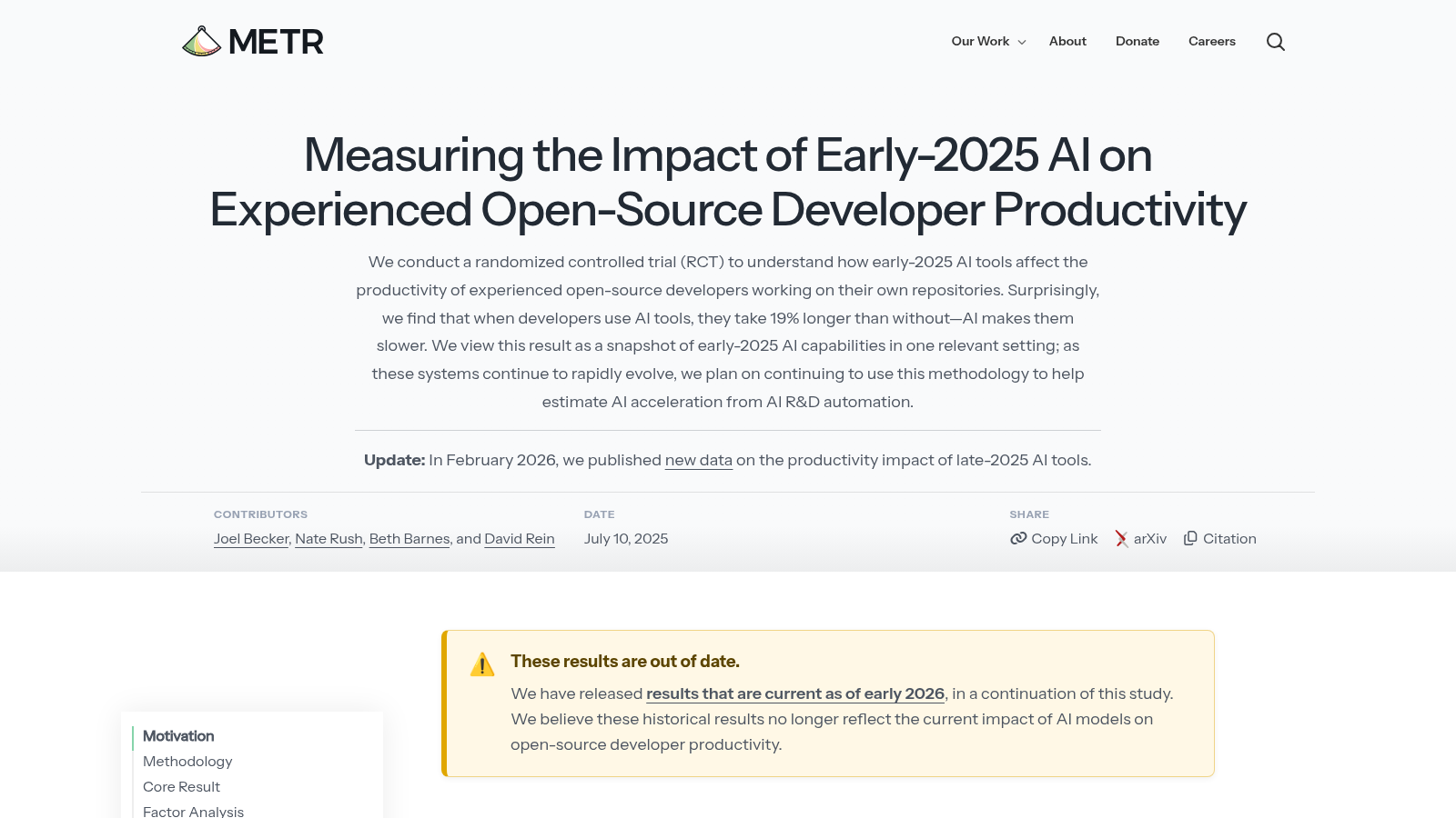 METR blog page titled 'Measuring the Impact of Early-2025 AI on Experienced Open-Source Developer Productivity', with a summary paragraph reporting that developers take 19% longer when using AI tools, a byline crediting Joel Becker, Nate Rush, Beth Barnes and David Rein dated July 10 2025, and a yellow warning callout below reading 'These results are out of date' beside a link to results current as of early 2026.