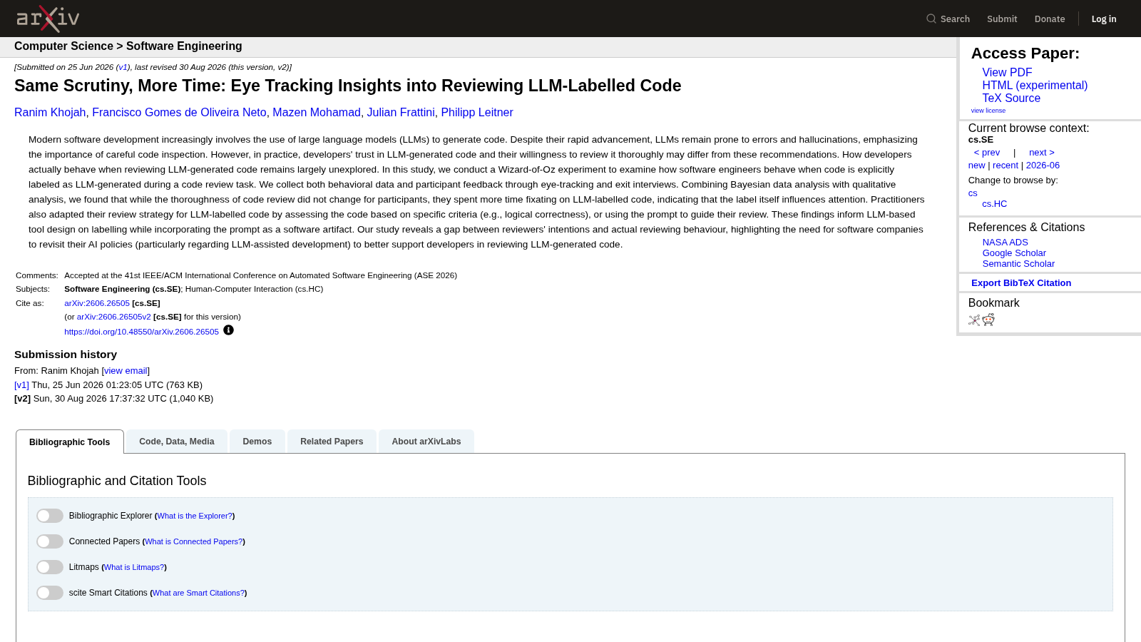 Screenshot of an arXiv abstract page under the breadcrumb 'Computer Science > Software Engineering', showing the paper title 'Same Scrutiny, More Time: Eye Tracking Insights into Reviewing LLM-Labelled Code', its five authors, the full abstract, a comments line noting acceptance at ASE 2026, and an 'Access Paper' sidebar linking to PDF, HTML and TeX source.