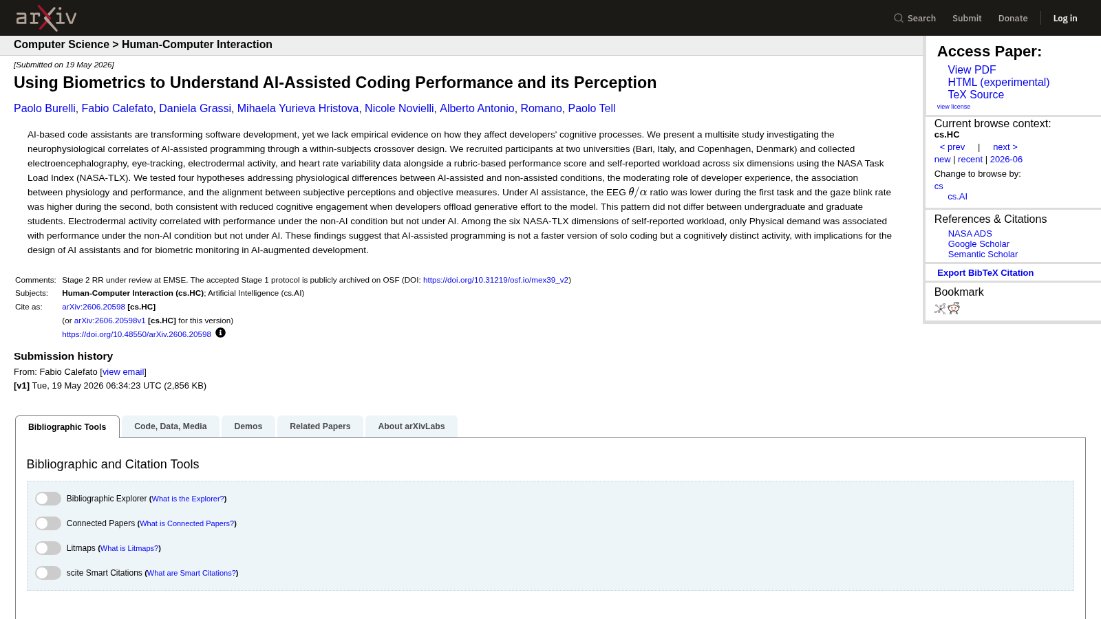 arXiv abstract page under the breadcrumb “Computer Science > Human-Computer Interaction”, titled “Using Biometrics to Understand AI-Assisted Coding Performance and its Perception”, submitted 19 May 2026, with eight author names, the full abstract describing the EEG, eye-tracking, electrodermal and NASA-TLX measurements, a comments line reading “Stage 2 RR under review at EMSE” with the Stage 1 protocol on OSF, and an “Access Paper” sidebar of PDF, HTML and TeX links.